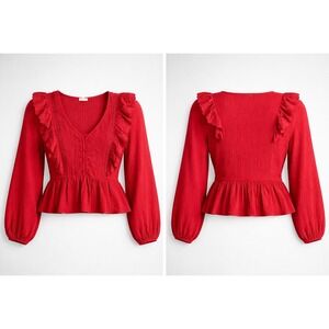 Easel Red Cotton Gauze Ruffle Peplum Blouse Eyelet Lace V-Neck Top Small NWT